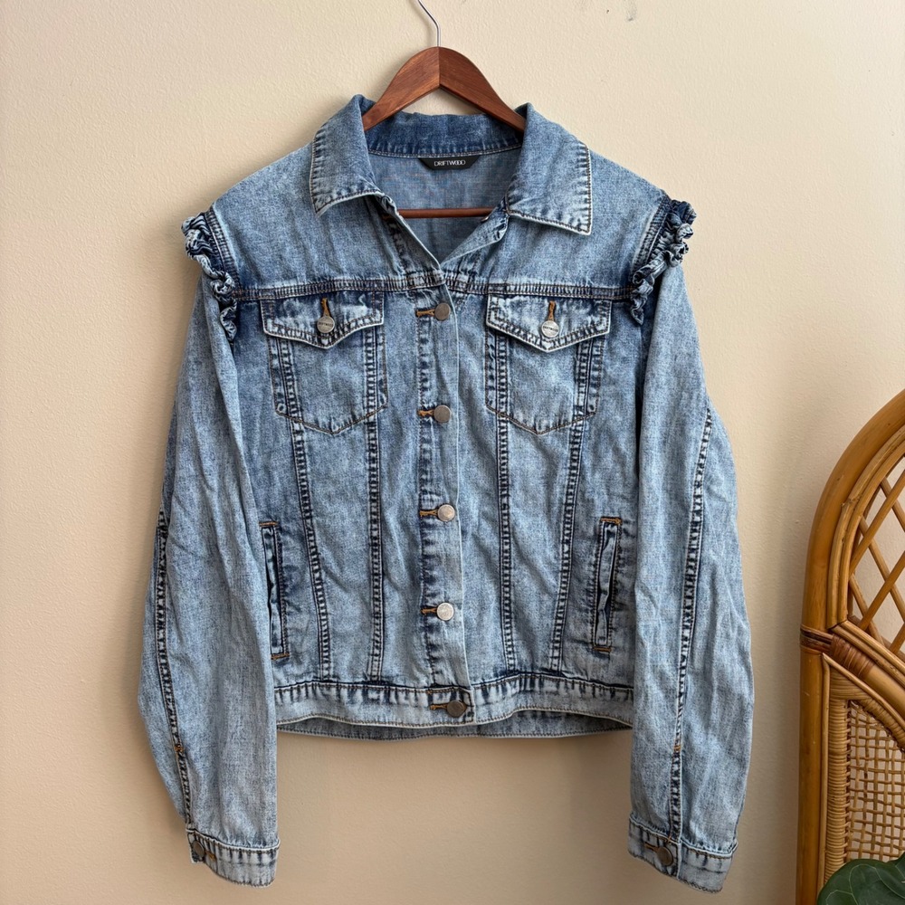 Driftwood Womens Boho Style Ruffle Trim Acid Wash Button Front Denim Jacket